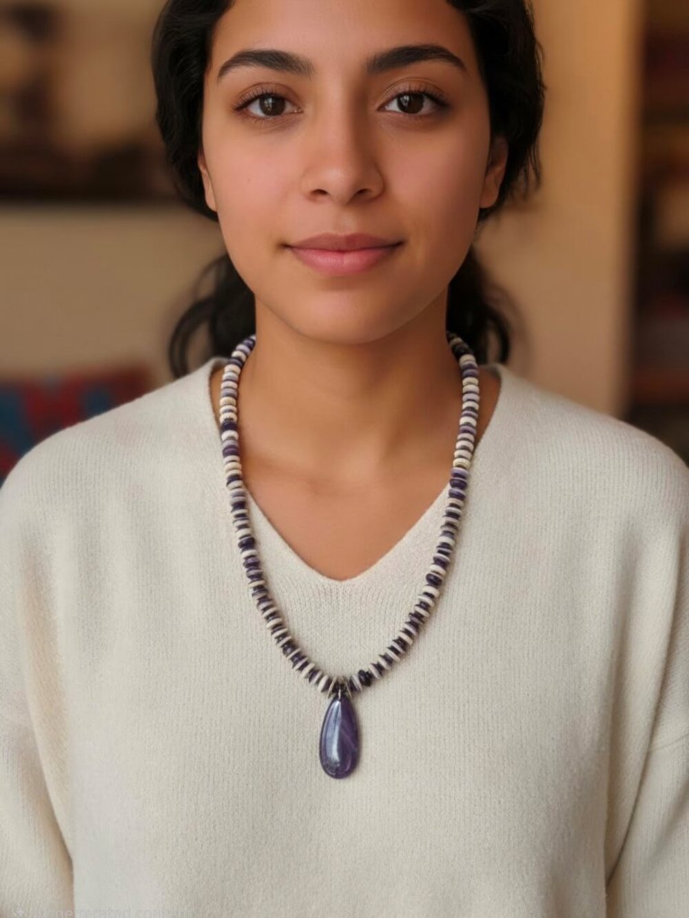 Wampum Beaded Necklace with Wampum Drop